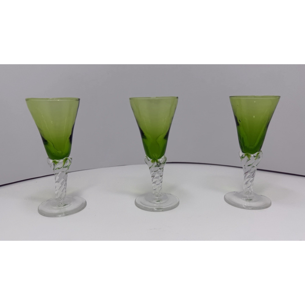 Vintage Green Glass Cordial Glasses Set of 3 Clear Twisted Stem